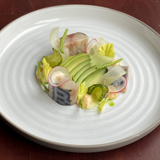 Uzená makrela, avokádo, ředkvičky, řapíkatý celer, japonský krém a marinovaná salátová okurka